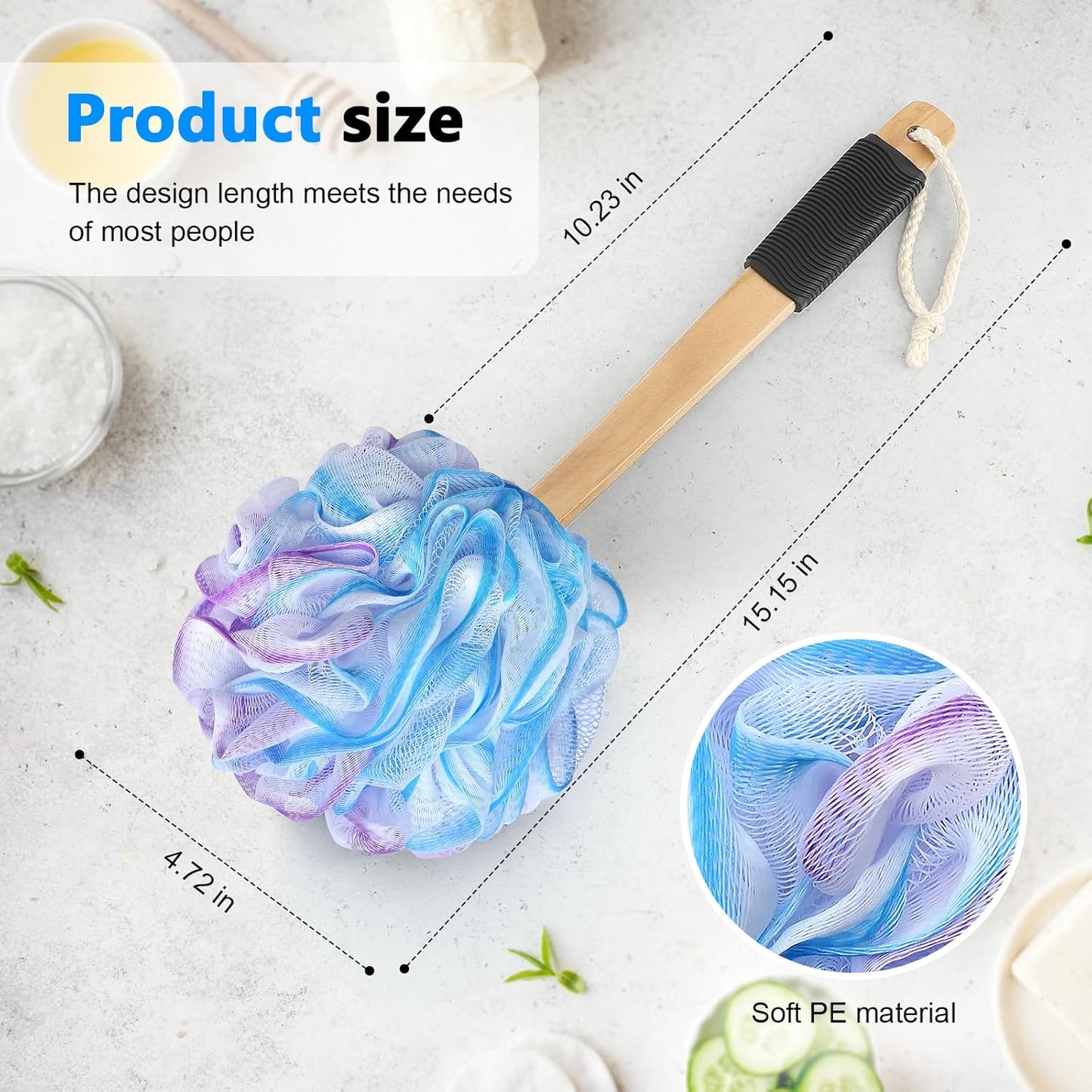 Loofah on a Stick PE Soft Mesh Luffa with Non-Slip Wooden Handle Made of Soft and Sturdy Rubber Material Back Scrubber for Shower for Women and Men with String for Easy Hanging(Purple Blue White)