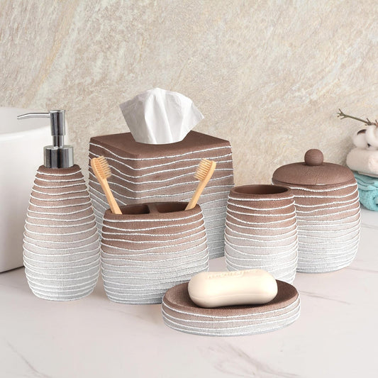 Decozen Bathroom Accessories Set 6Pcs – Soap Dispenser, Toothbrush Holder, Tumbler, Soap Dish & Cotton Swab Jar – Modern Bathroom Decor, Bath Set for Christmas Decor, Antonetta