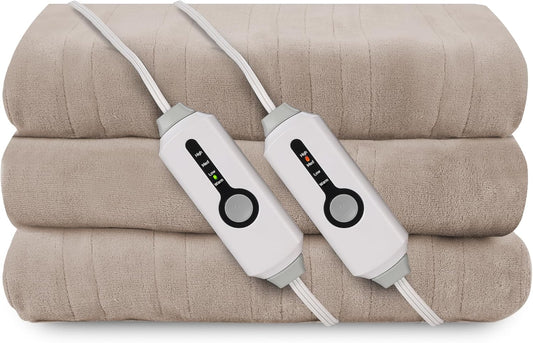 Electric Heated Blanket 90"x100" King Size, Soft Coral Fleece, Dual Controllers with 4 Heating Levels and 10 Hours Auto-Off, Machine Washable, Cozy Plush Fabric for Home, Light Brown