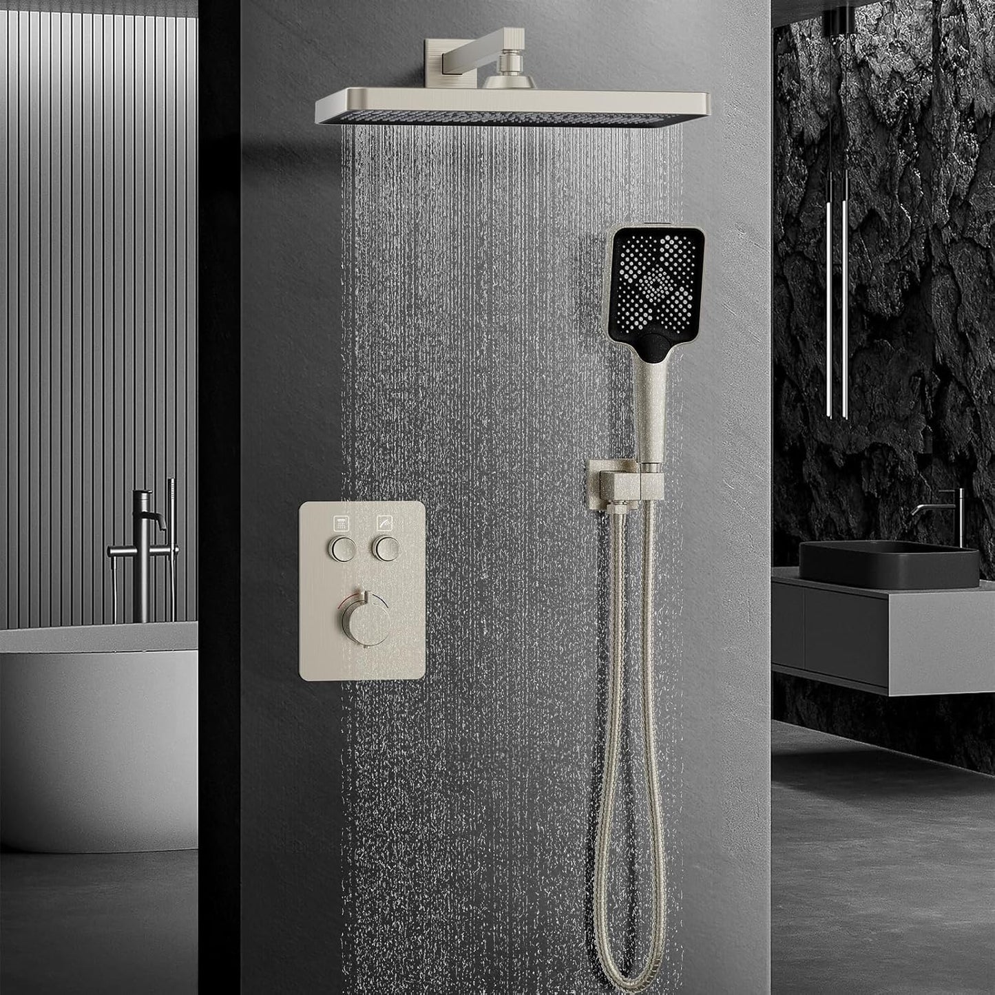 Iriber Thermostatic Shower System Wall Mount with Adjustable Water Flow Push Button Diverter,13 Inch Nickel Rectangle Rainfall Shower Head and Handheld,Brushed Nickel