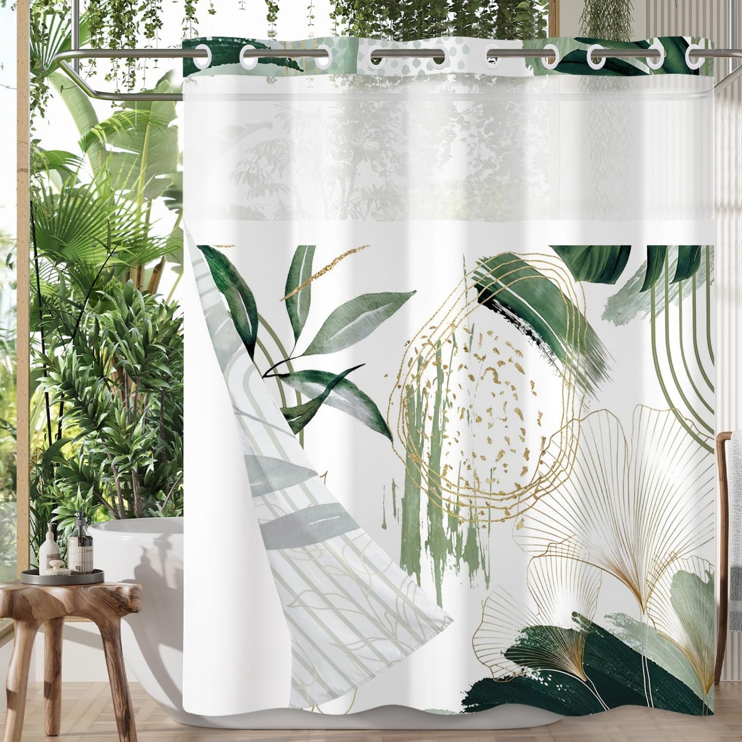 Boho Shower Curtain No Hooks with Snap in Fabric Liner Set,Modern Boho Shower Curtains Hotel Bathroom Decor,with See Through Top Window,Green Botanical Sage Fabric Waterproof Shower Curtain,71W x 74H