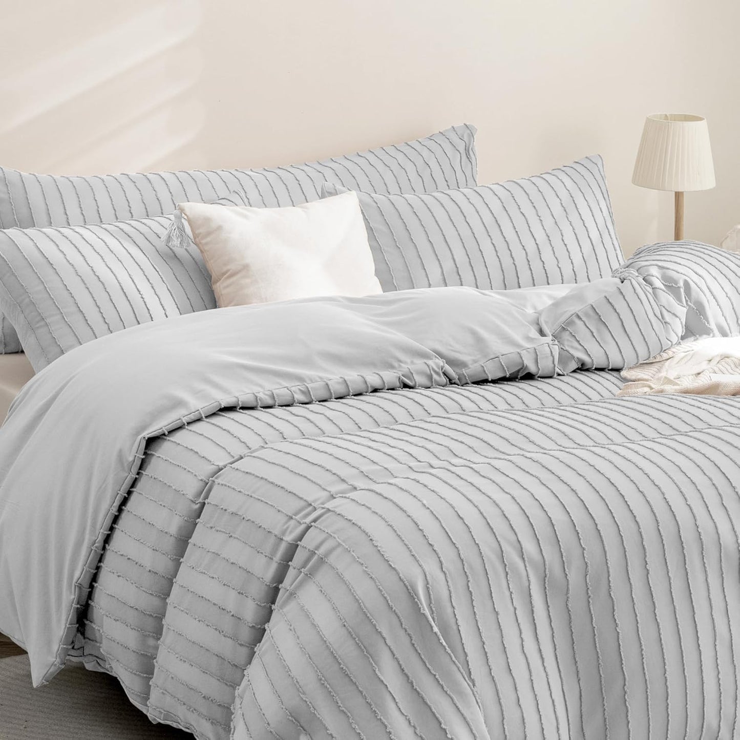 JELLYMONI Duvet Cover Full Size Light Grey - 3PCS Boho Striped Duvet Cover Set Polyester Tufted Bohemian Textured Comforter Cover 80×90in with Corner Ties & Zipper and 2 Pillowcases