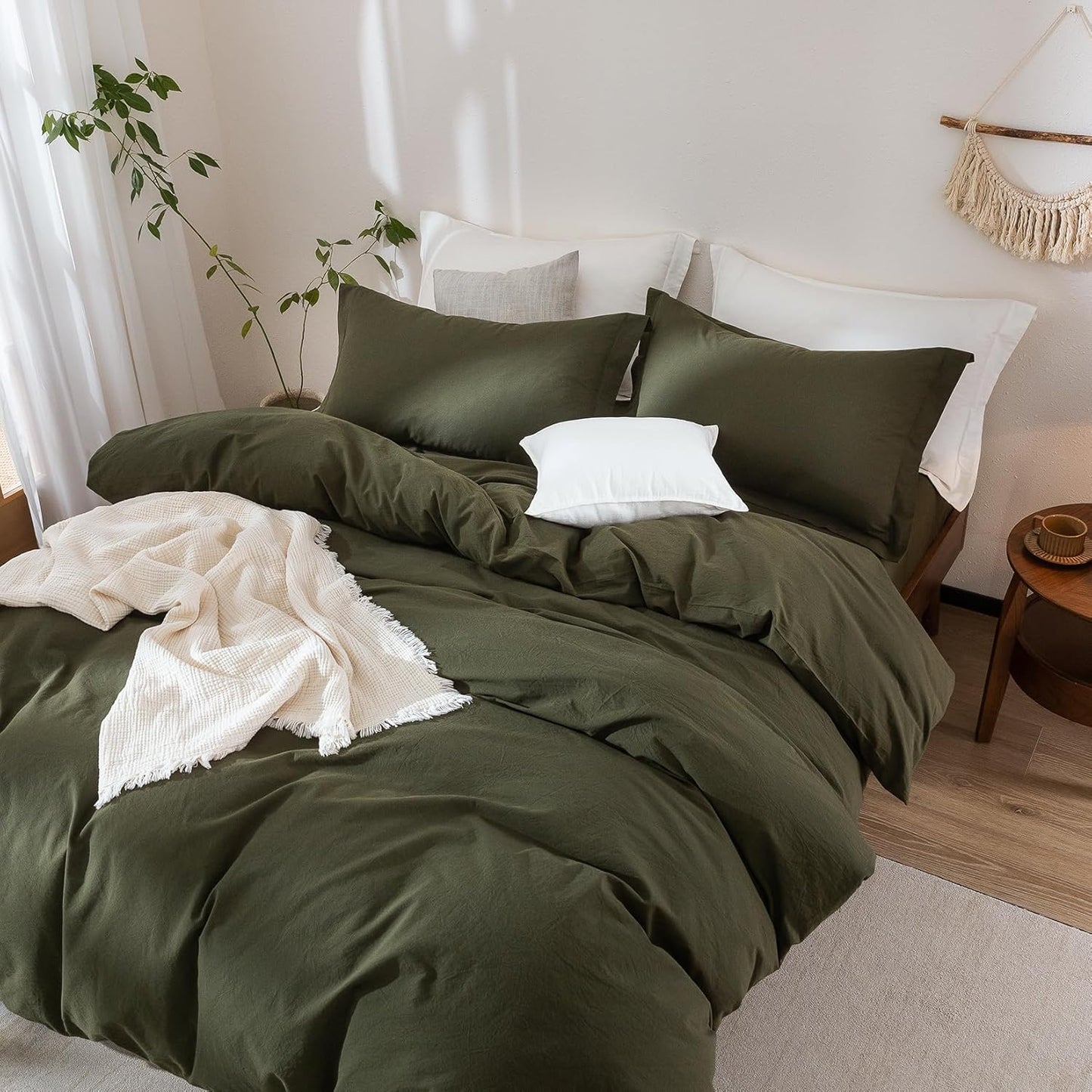 Olive Green Duvet Cover California King Size, 100% Washed Cotton Bedding Set Cover 1 Duvet Cover 104inch x 98inch with Zipper Closure and 2 Pillowcases, Olive Green