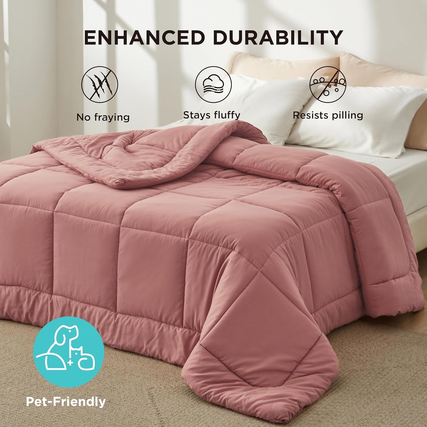 Bedsure Comforter Duvet Insert - Quilted Comforters Twin Size, All Season Duvet, GentleSoft Down Alternative Bedding, with 8 Tabs, Gifts for Women/Men, Dusty Pink, Twin 88 x 68 Inches