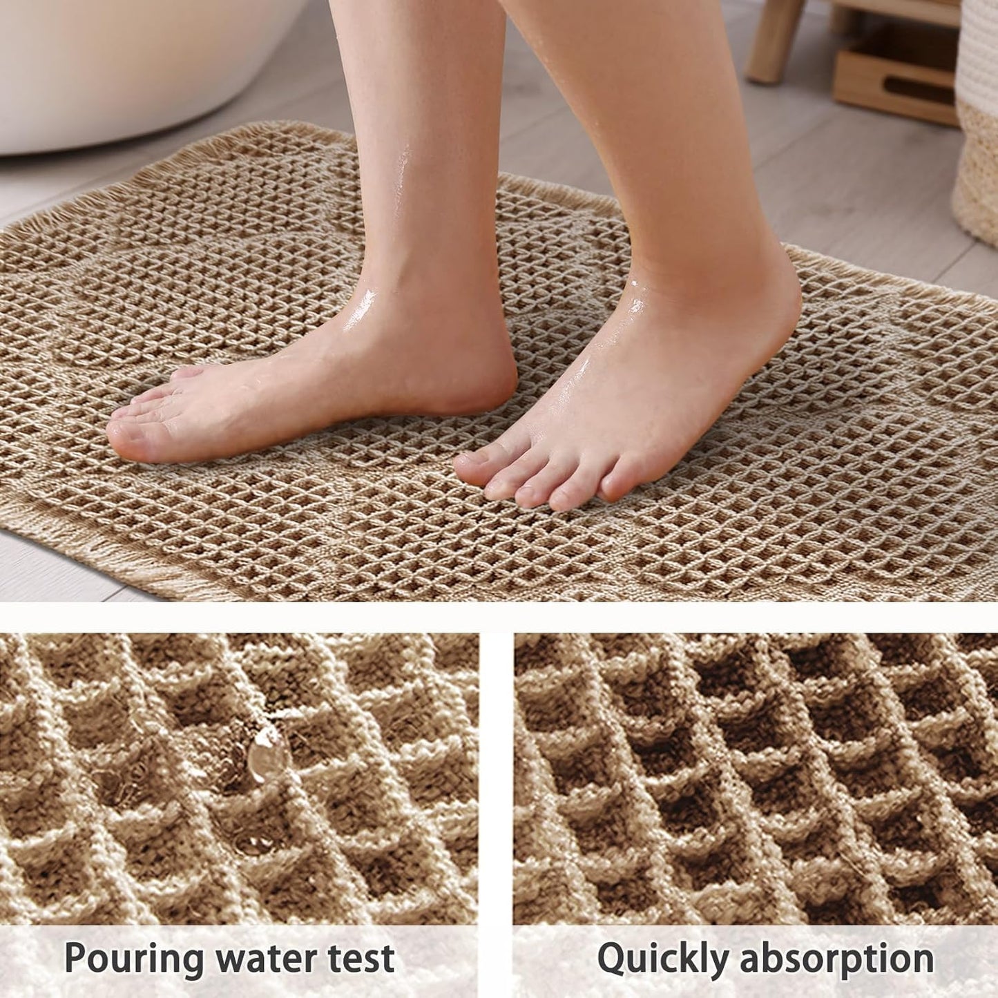 ZALL Tan Waffle Bath Mat,Super Absorbent Non Slip Bathroom Rug,Brown 24X60 inch, Geometric Diamond Machine Washable Ultra Soft Floor Mats
