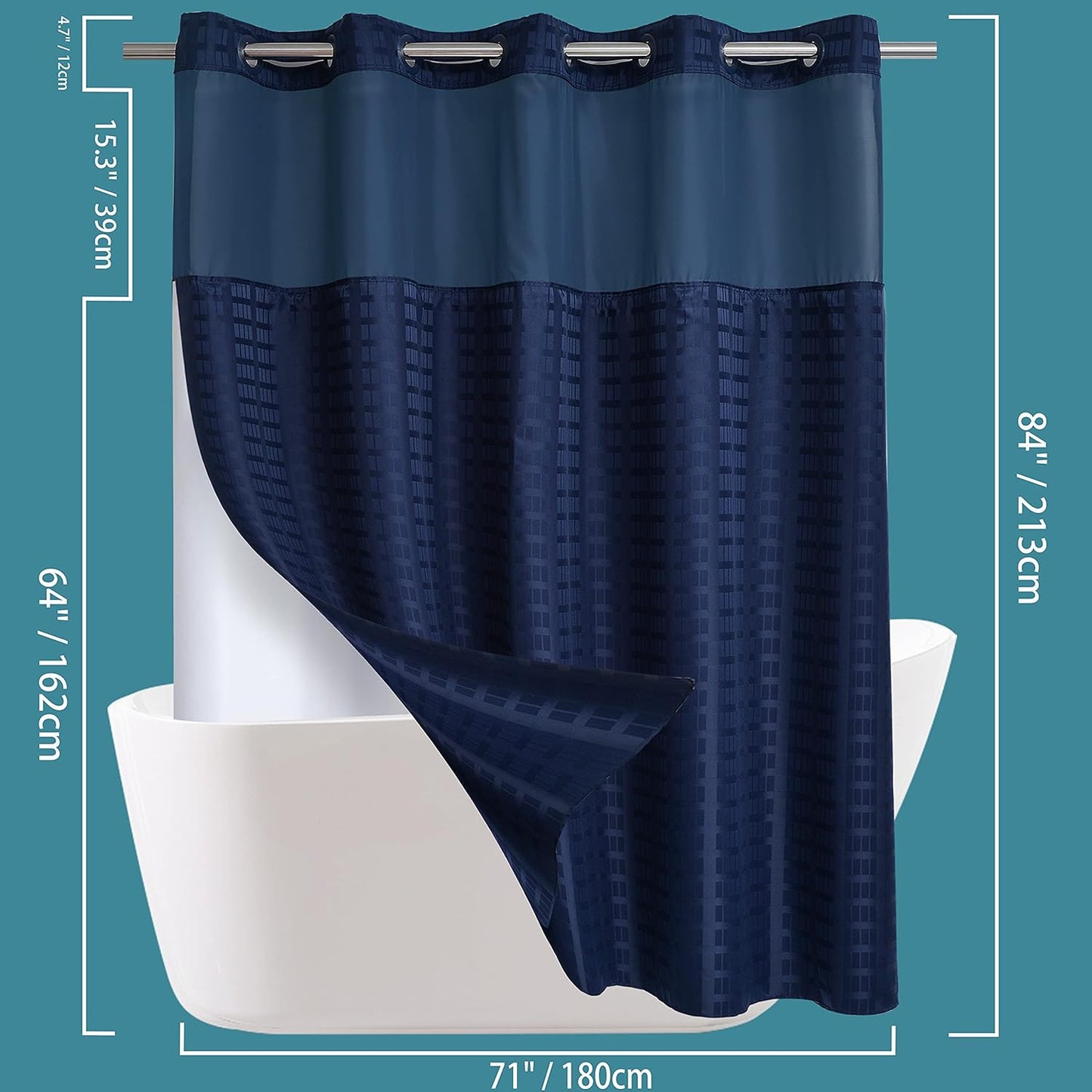 Conbo Mio Extra Long No Hook Shower Curtain with Snap in Liner Set, Hotel Luxury Navy Blue Shower Curtains for Bathroom with See Through Top Window, Waterproof, Washable 71W x 84H
