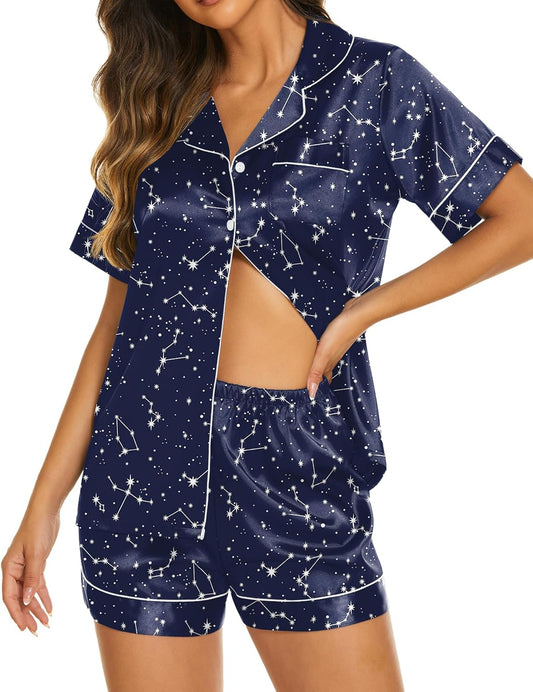 Ekouaer Pajamas for Women Set Silk Satin Pjs Shorts Sleepwear 2 Piece Loungewear S-XXL