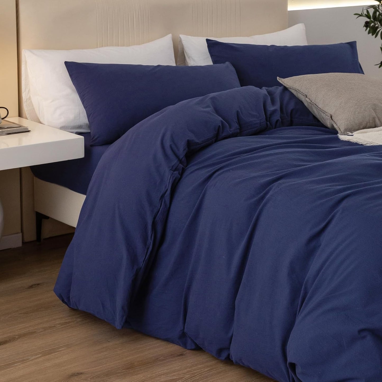 JIYUAN 100% Washed Cotton Duvet Cover Set 3 Pieces King, 1 Duvet Cover 104x90 Inches(Comforter Not Included) and 2 Pillowcases,Linen Feel Bedding Set Comfy and Breathable,Navy Blue