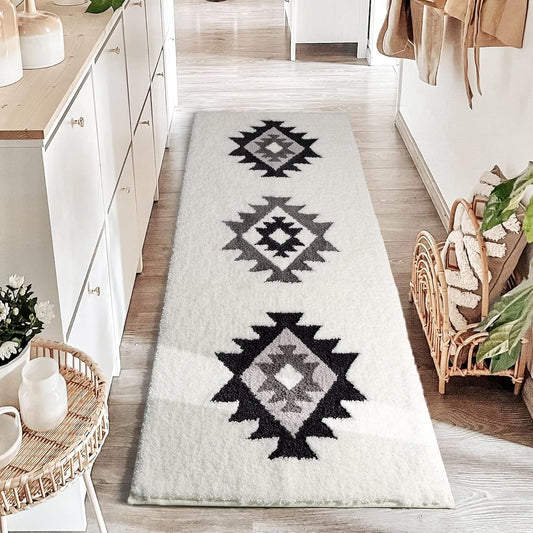 DEXDE Runner Bath Rug 24x60 Inches - Non-Slip Quick Dry Machine Washable Bath Mat, Boho Geometric Absorbent Long Carpet for Bathroom, Black and White