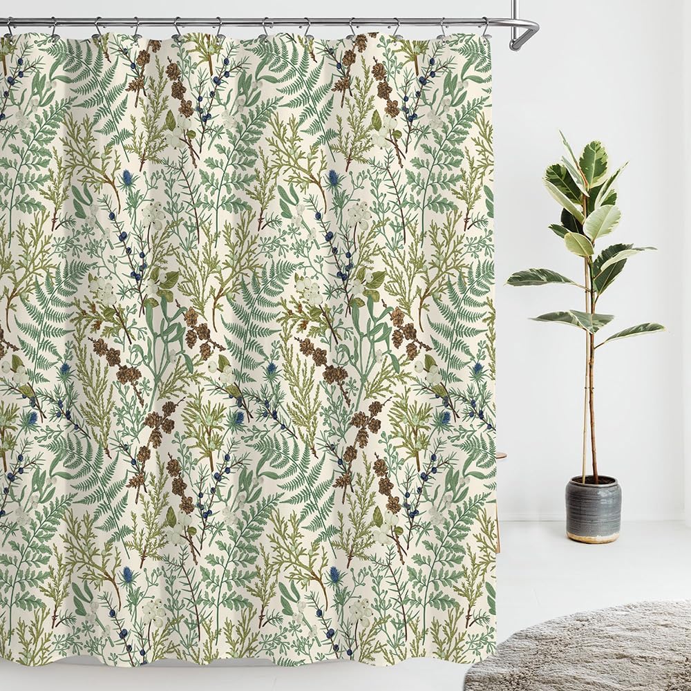 Beige Green Botanical Shower Curtain Boho Nature Ferns Wildflowers Apothecary Bathroom Curtains Herbs Plants Vintage Cottagecore Bathroom 72Wx72H Waterproof Polyester