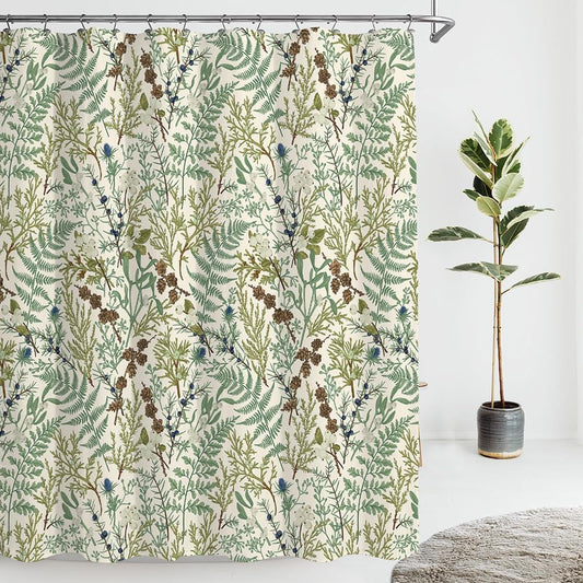 Beige Green Botanical Shower Curtain Boho Nature Ferns Wildflowers Apothecary Bathroom Curtains Herbs Plants Vintage Cottagecore Bathroom 72Wx72H Waterproof Polyester