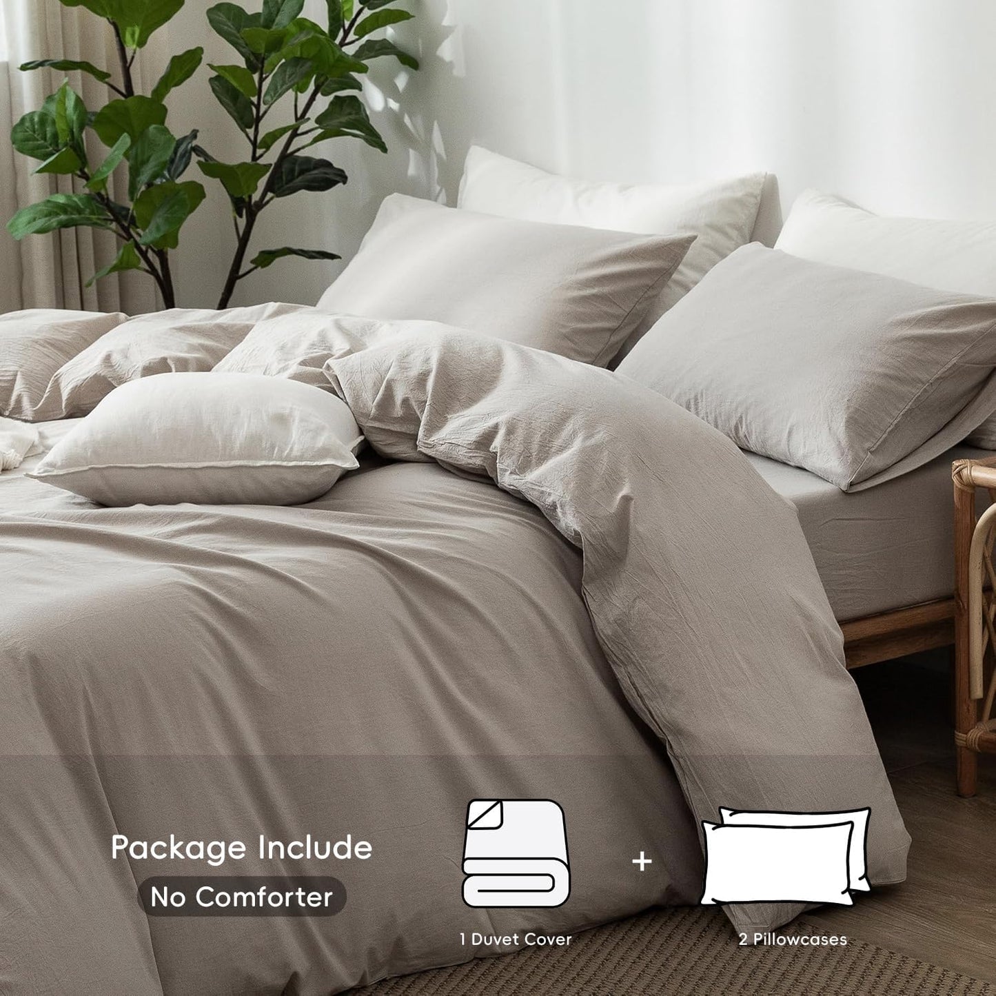 MooMee Bedding Duvet Cover Set 100% Washed Cotton Linen Like Textured Breathable Durable Soft Comfy (Heathered Cream Grey, Full 80"x90")
