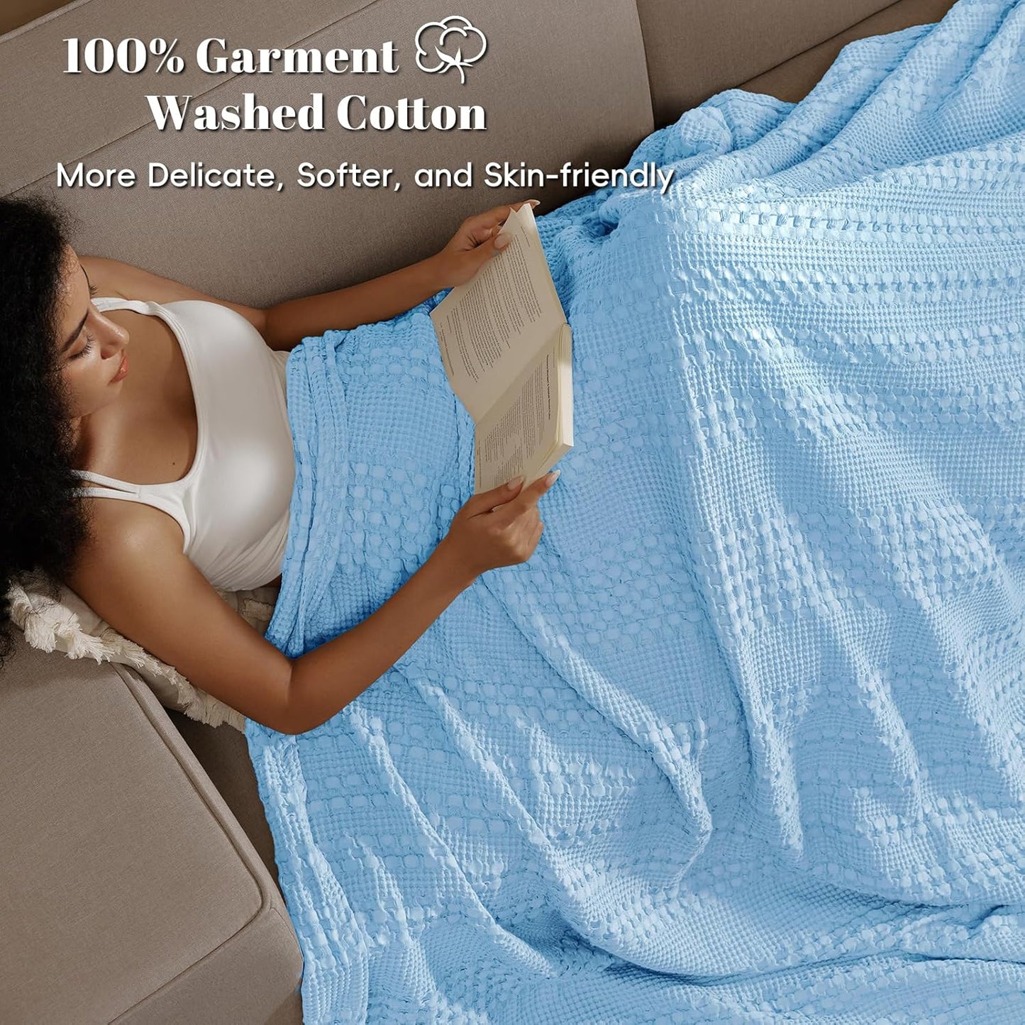 PHF 100% Cotton Waffle Weave Blanket Queen Size for Bed, Soft Lightweight & Breathable, All-Season Comfort, Luxury Aesthetic Woven Bedding for Home Decor, 90"x90", Sky Blue