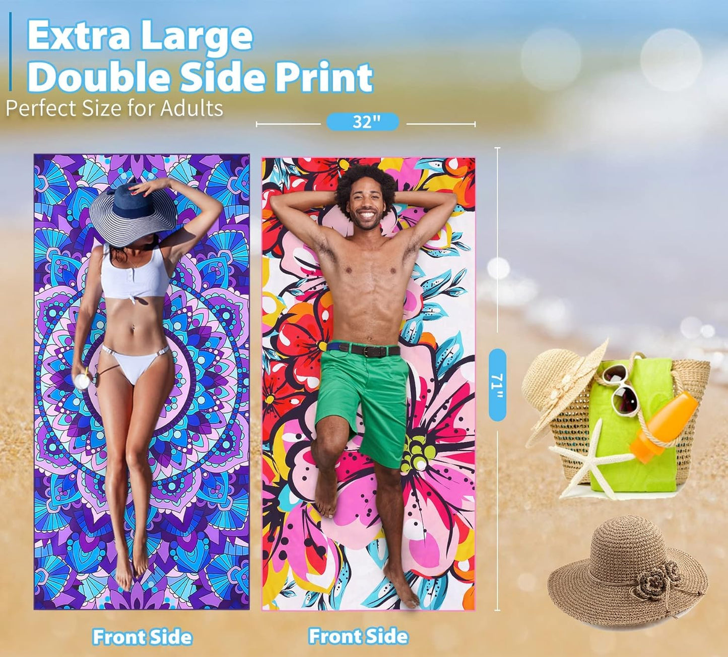 2 Pack Microfiber Thin Beach Towel Lightweight 71x32 Oversized Extra Large Sand Free Towels Quick Dry for Travel Pool Yoga Gym Sports Beach Accessories Vacation Essential Gift