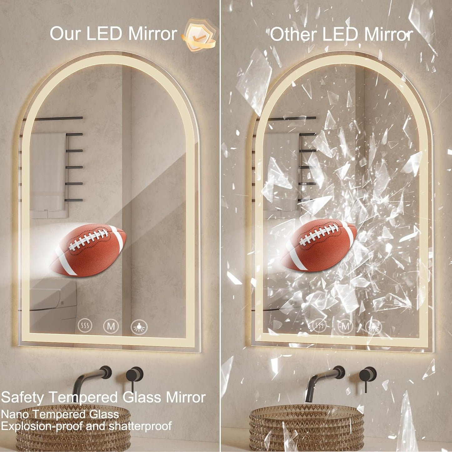 LED Bathroom Mirrors with Lights 32"x48" Arched Mirror for Wall,led Vanity Mirror, Anti-Fog,LED Mirrors with Front Light and Backlit, Anti-Fog, Dimmable, 3 Color, Shatterproof, Touch Sensor