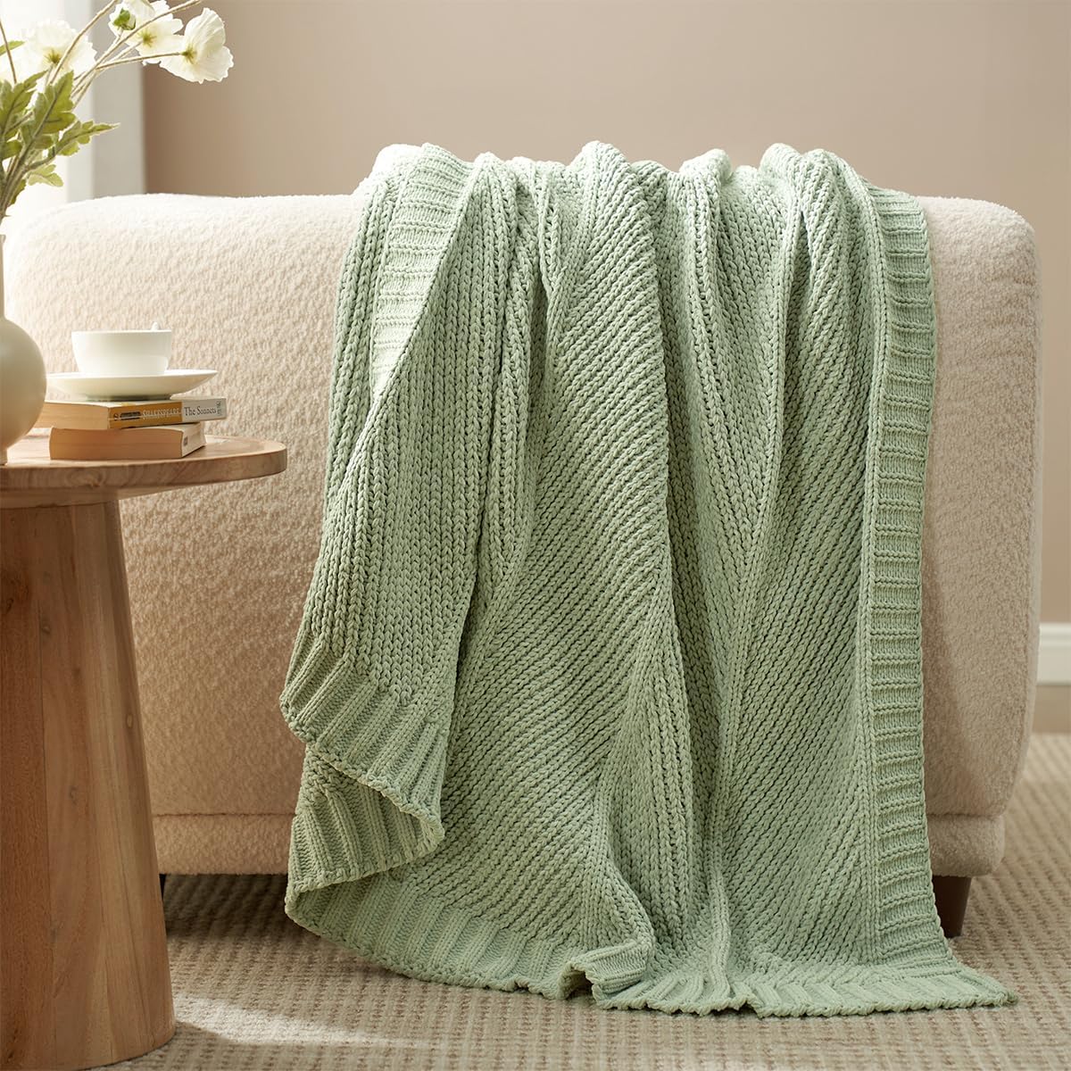 Amélie Home Chevron Chenille Knit Throw Blanket for Couch, Cozy Texture Decorative Soft Blanket for Sofa & Chair, 60"x80", Sage Green
