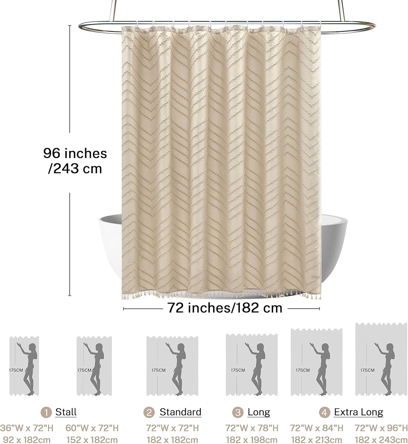 Extra Long Farmhouse Boho Chevron Shower Curtain, Woven Fabric 96 in Beige Shower Curtain, 72 x 96, Tufted Striped, Modern Chic Textured Shower Curtain Set Minimalist Bathroom Decor