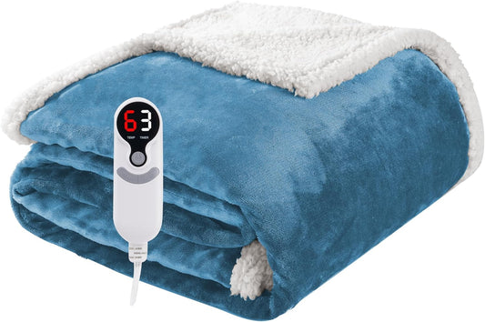 Electric Heated Blanket Throw Size 50"x60", Soft Flannel with Overheat Protection, 6 Adjustable Heat Settings & 3-Hour Auto-Off Timer, Fast Heating for Winter Comfort, Blue