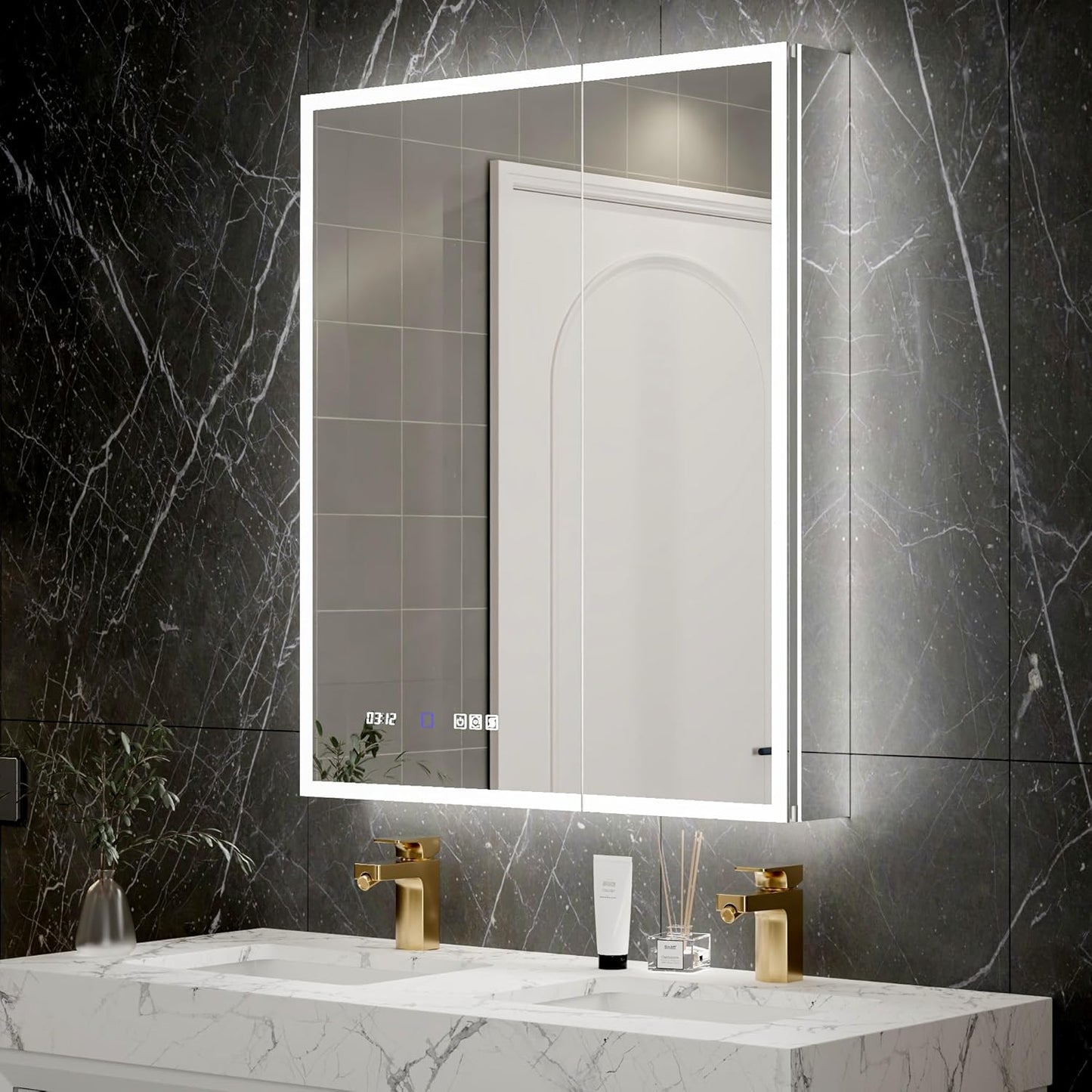 Lighted Medicine Cabinet with Mirror 30"x36" Recessed LED Medicine Cabinet Mirror, Front&Backlit, 3-Color Temperatures, Stepless Dimming, Anti-Fog, Magnifier, 2 Outlets, Storage Shelves, ETL Certified