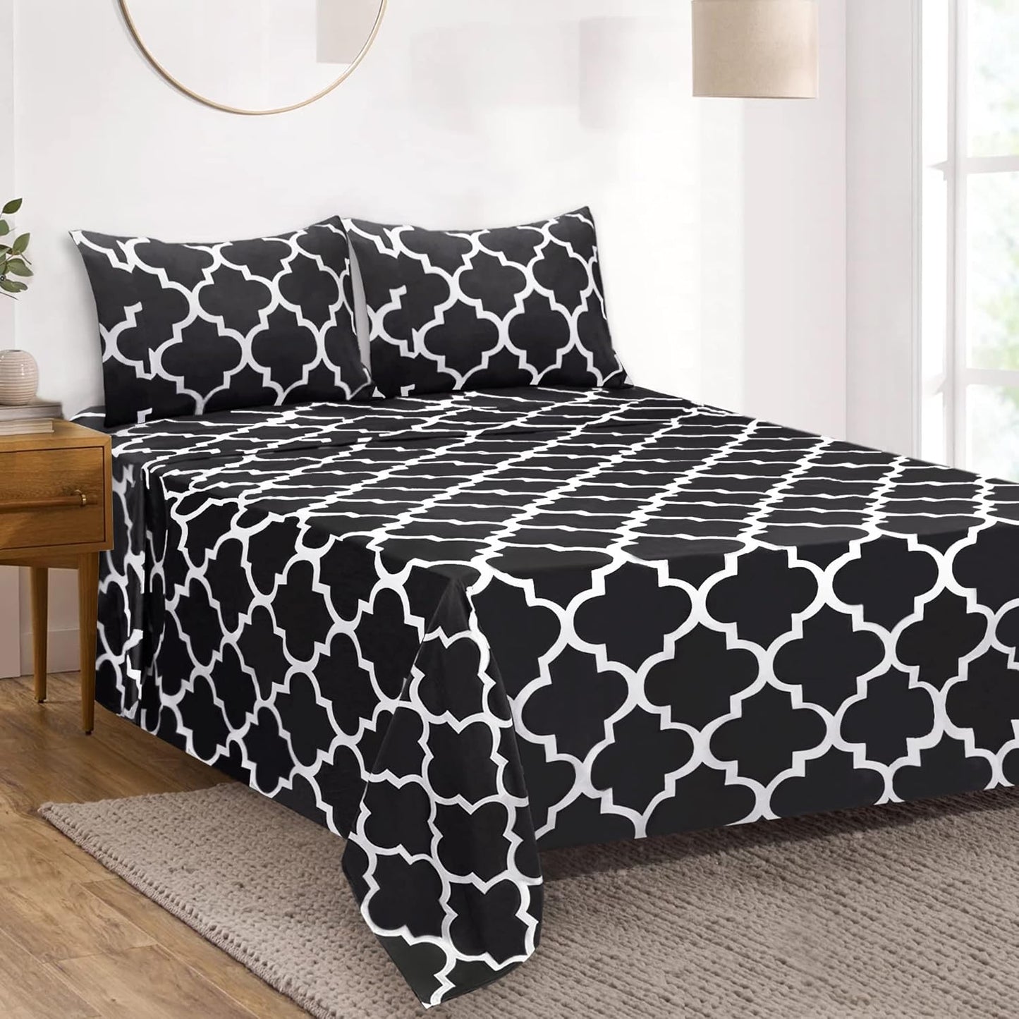 Mejoroom King Bed Sheet Set - Super Soft Brushed Microfiber 1800 Thread Count Sheets with 15 inch Deep Pocket - Wrinkle Free - 4 Piece(King, Black Quatrefoil with White Pattern)
