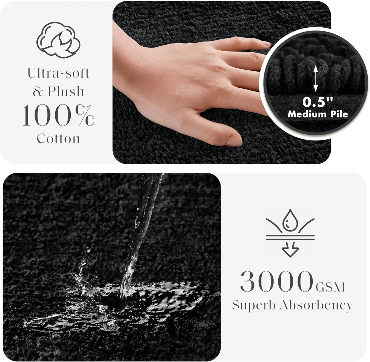 Madison Park Splendor Reversible 100% Cotton Tufted Bathroom Rug-3000 GSM Hotel Quality Luxurious Plush Medium Pile Bath Mat Absorbent, Quick Dry, Shower Room Décor, 24x44 Black