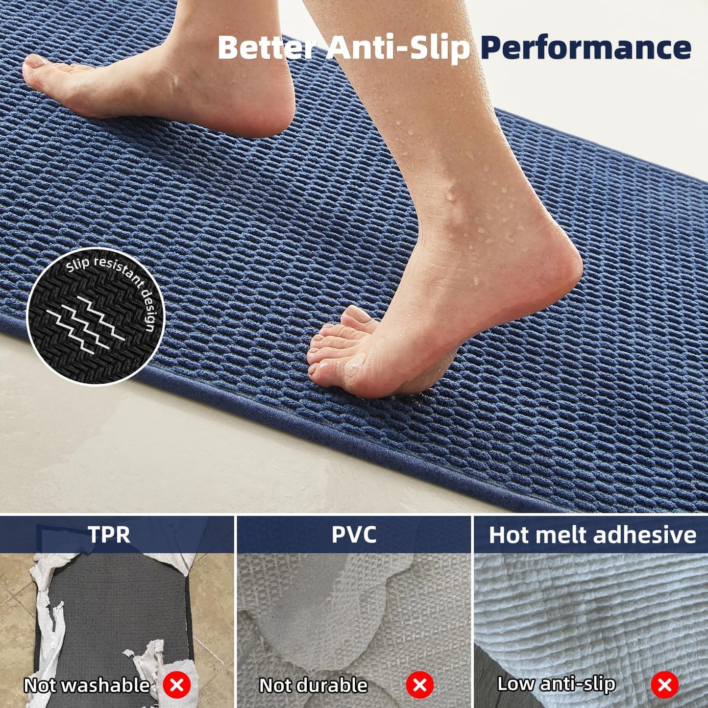 Bathroom Runner Rugs, Long Bath Mat Runner Washable Thin Quick Dry Low Pile Bathroom Runner Rugs Non Slip, Navy Blue 16"x60"