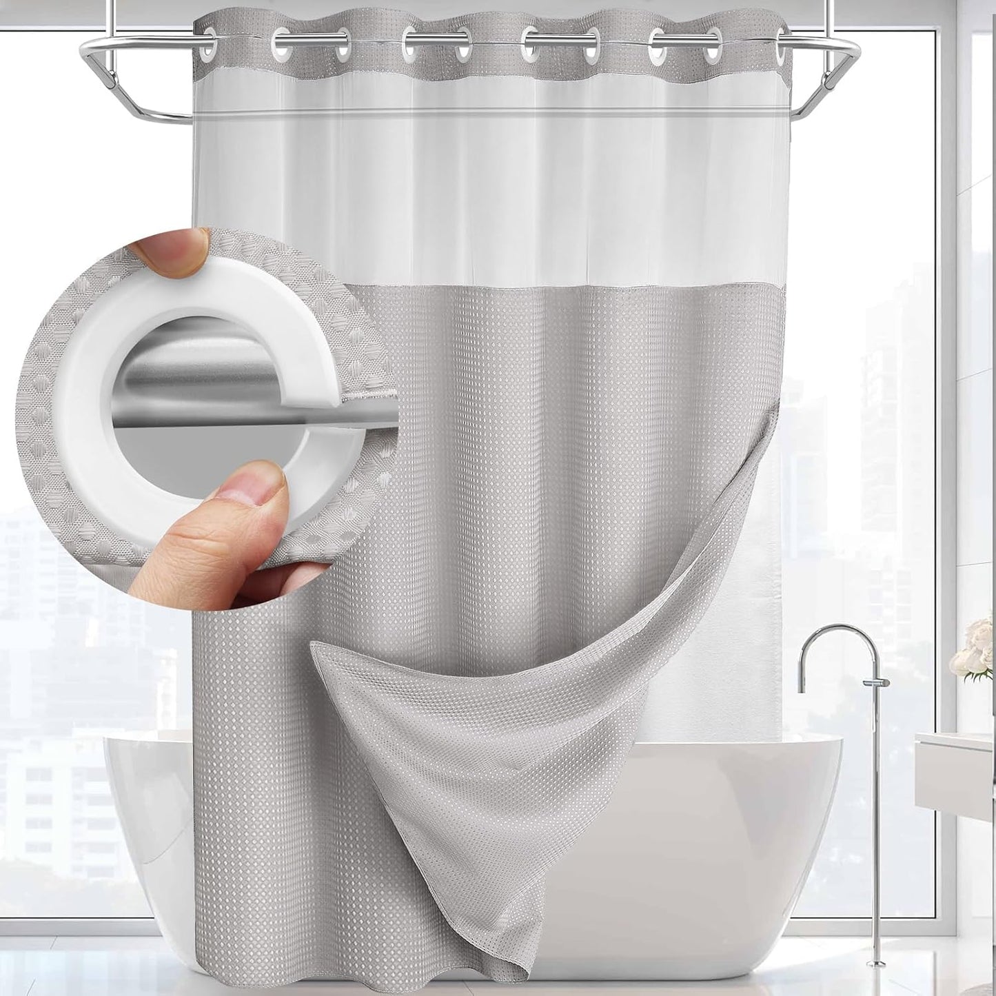 YellyHommy No Hook Shower Curtain with Snap in Liner Set Less Time Light Gray Waffle Shower Curtain for Bathroom 87" L x 72" W Light Grey