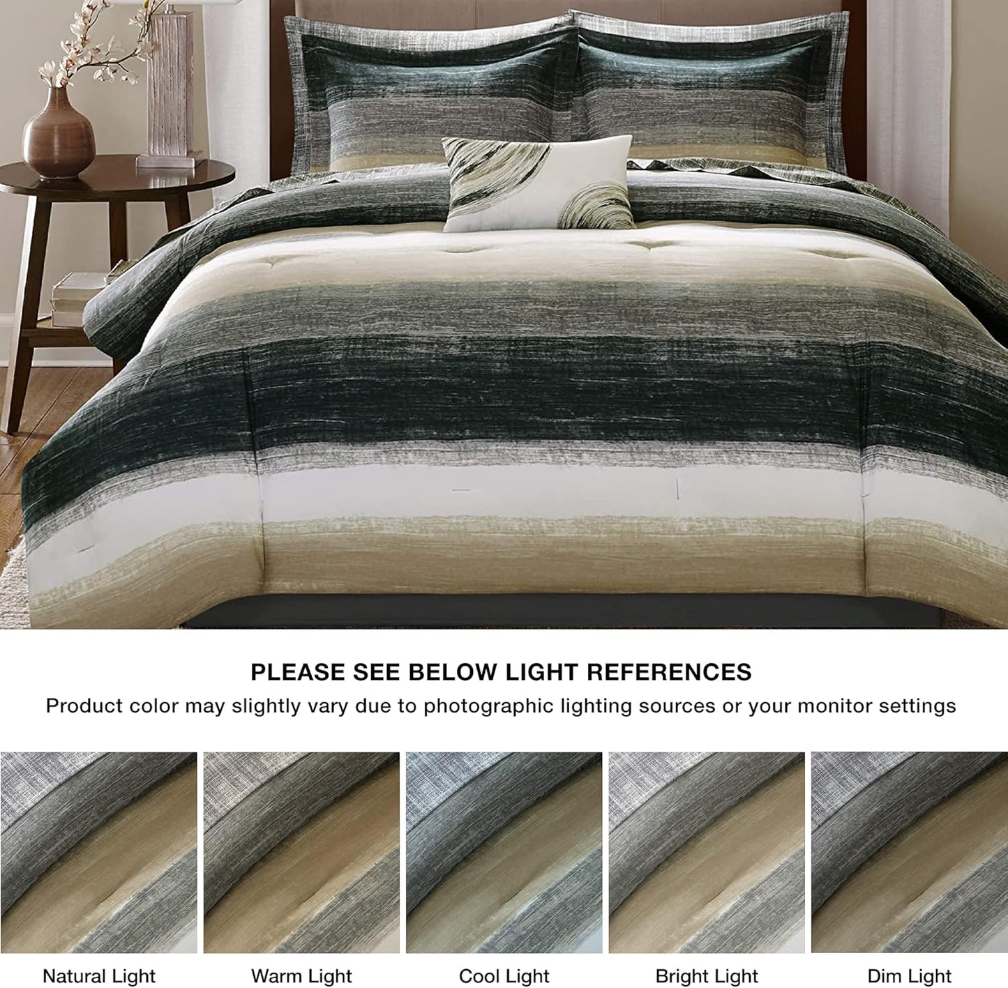 Madison Park Essentials Cal King Comforter Set, Bed in a Bag, Watercolor Print Coastal Comforter & Chambray Cotton Sheet Set, All Season Bedding Set, Saben, Taupe Cal-King (104 in x 92 in) 9 Piece