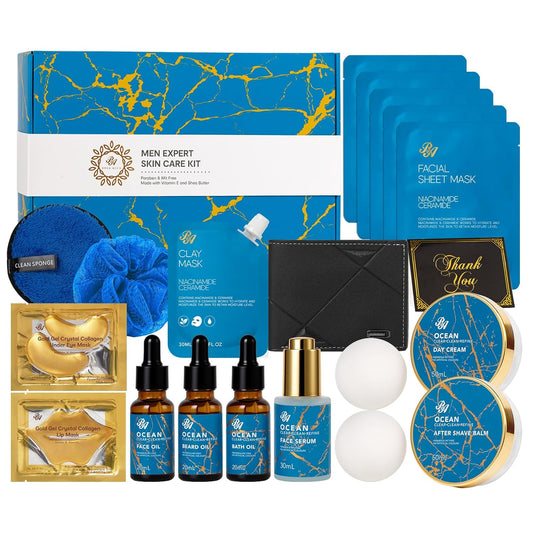 21 Pcs Men Facial Skin Care Set, Luxury Bath & Beard Gift Set for Men, Spa & Self-Care Gift, Clay Mask, Cleanser, Beard Oil, Cologne Present, Birthday, Christmas, Valentines, Father Day, Boyfriend
