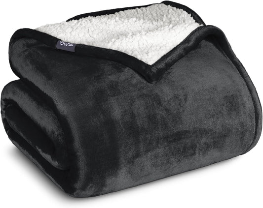 Bare Home Sherpa Fleece Blanket - Full/Queen Size - Blanket for Bed, Sofa, and Couch - Warm & Lightweight - Fluffy & Soft - Reversible (Full/Queen, Black)