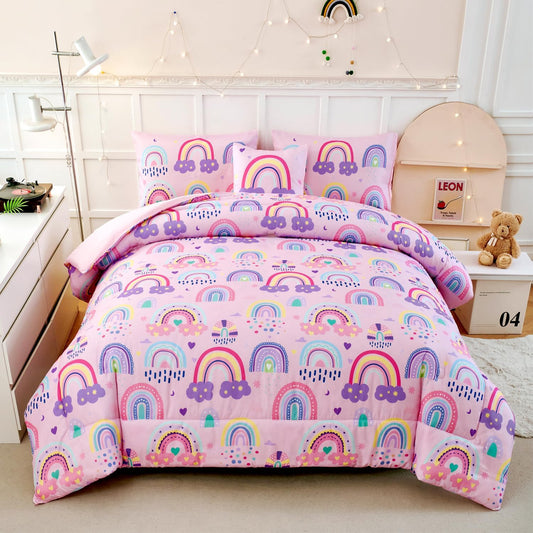 ANGIYUIN 6Pcs Girls Rainbow Comforter Set Queen Size Cute Clouds Kids Bedding Set Love Hearts and Stars Kid Bed Set for Girl Soft Lightweight Bed in A Bag with Sheets, Pink, Queen