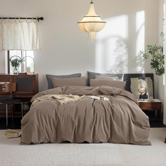 FOSSA Duvet Cover Set 100% Washed Cotton Linen Feel Super Soft Breathable Cozy 3 Pieces Bedding Sets Solid Pale Brown Twin