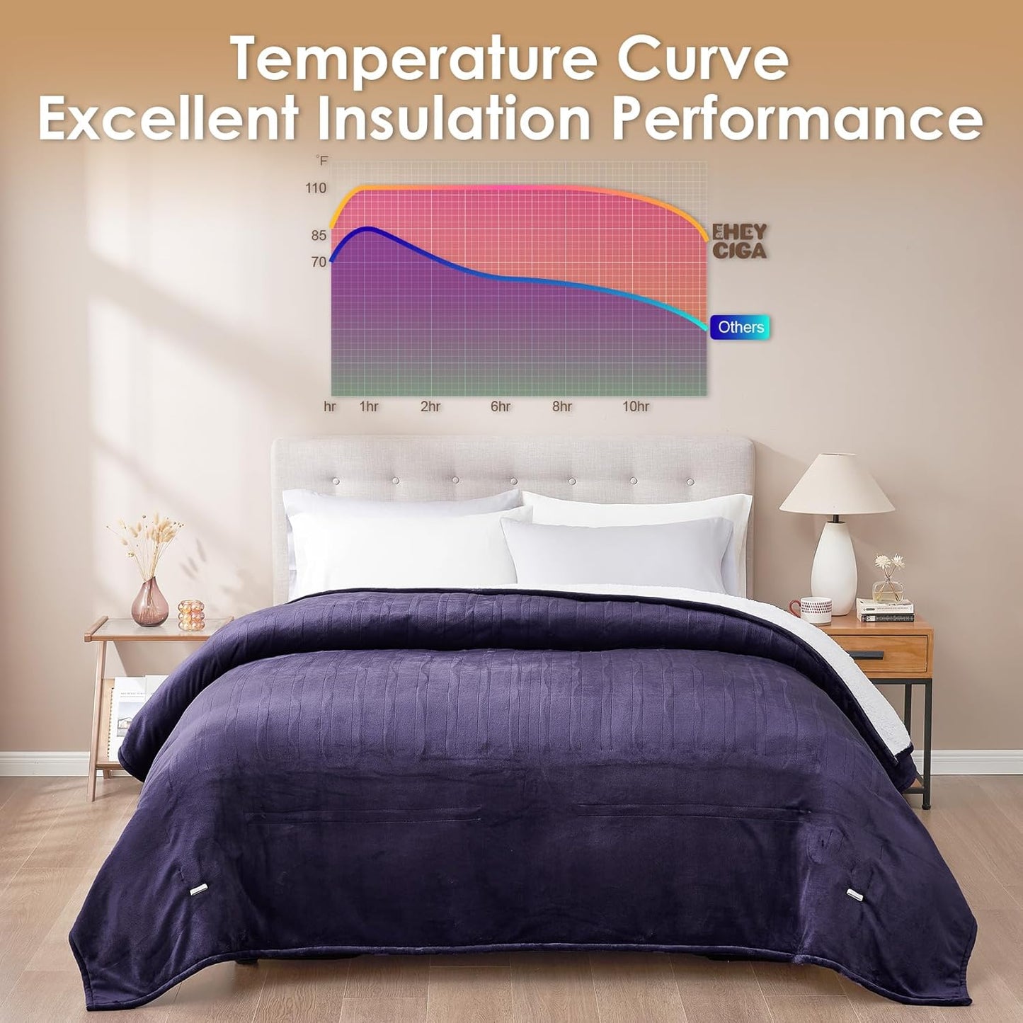 EHEYCIGA Electric Blanket King Size - Heated Blanket with 9 Heating Levels & 10 Hr Auto Off, Soft Cozy Sherpa Washable Dual Control Blanket, 90 x 100 Inches