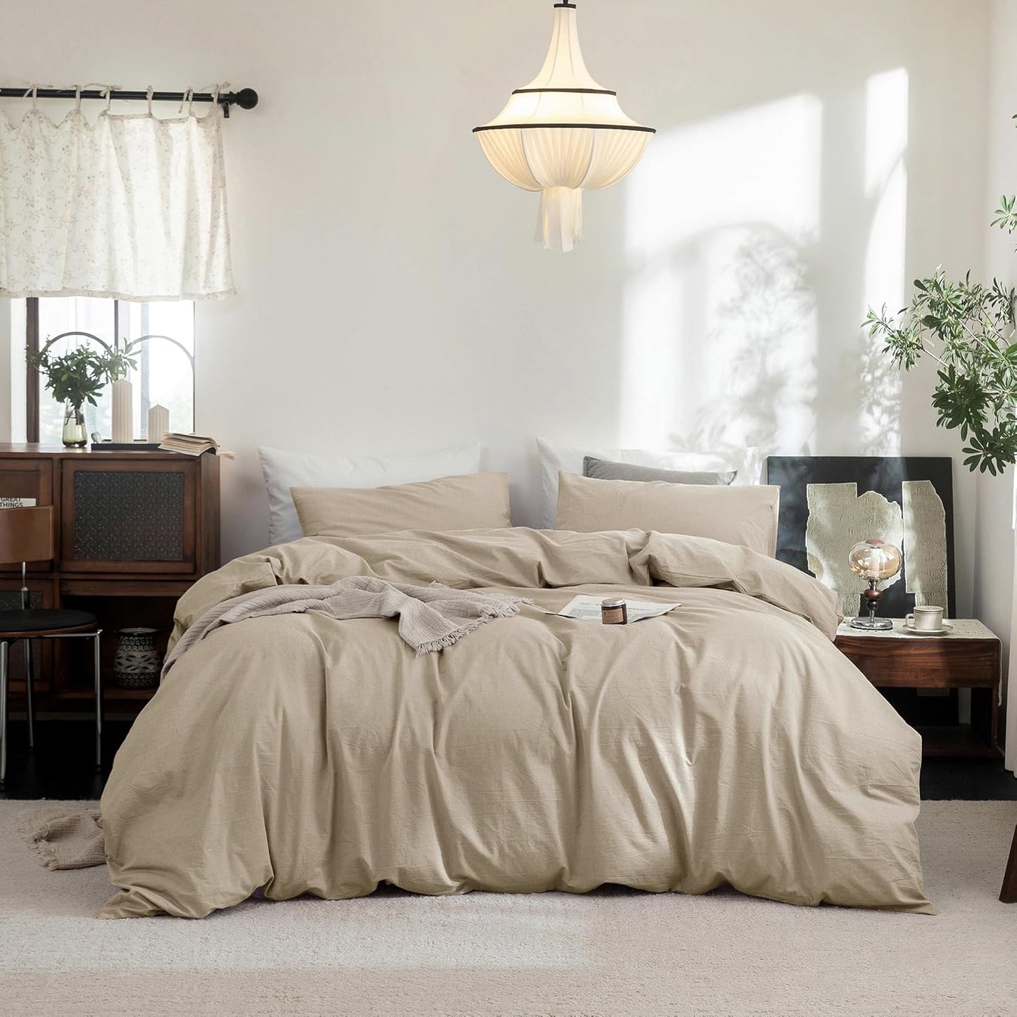 FOSSA Duvet Cover Set 100% Washed Cotton Linen Feel Super Soft Breathable Cozy 3 Pieces Bedding Sets Solid Light Khaki Queen