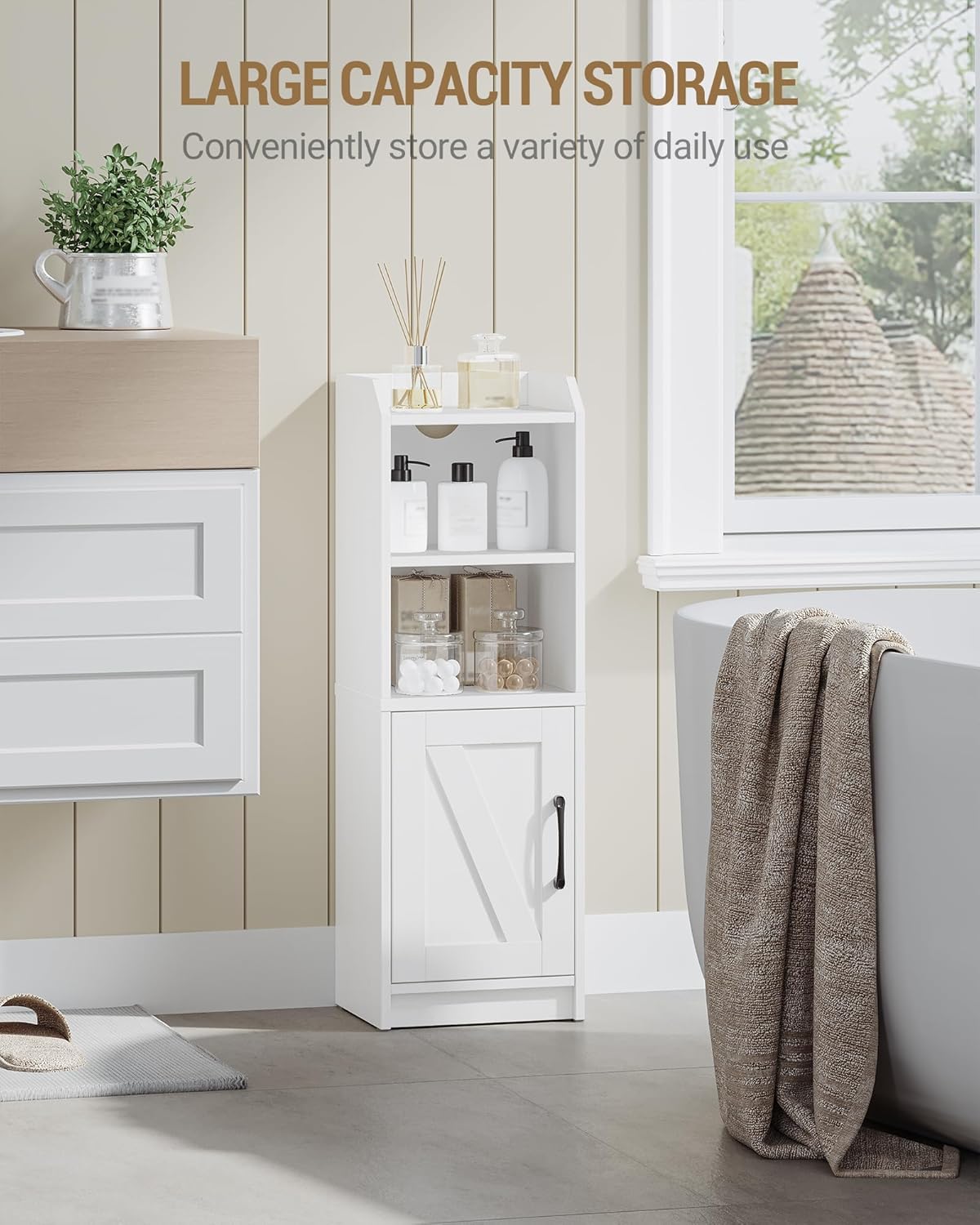 Bathroom Storage Cabinet, Small Farmhouse Corner Floor Cabinet with Door and Shelves, Narrow Toilet Paper Holder Stand, Bathroom Organizer with Adjustable Shelf, for Small Spaces, White