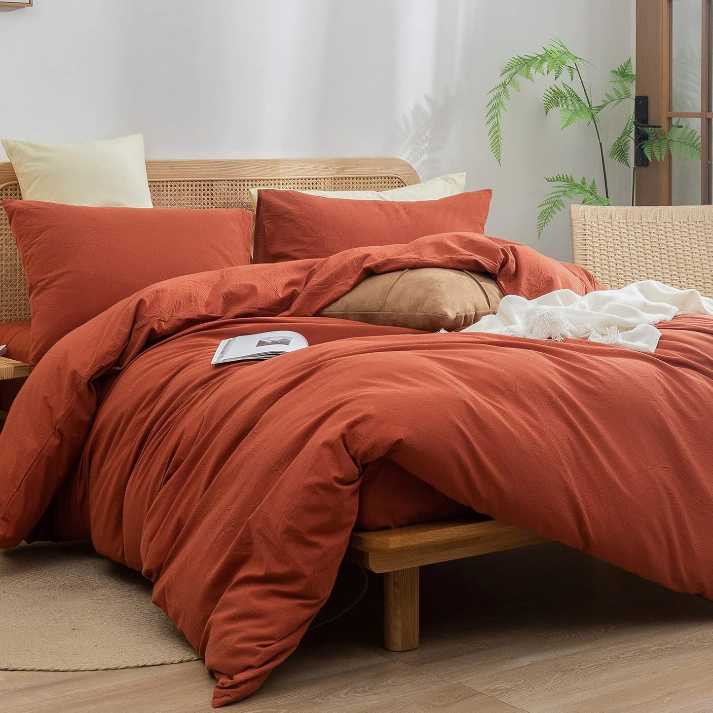 BESTOUCH Duvet Cover Set 100% Washed Cotton Linen Feel Super Soft Comfortable Chic Lightweight 3 PCs Home Bedding Set Solid Burnt Brick Red Cal King