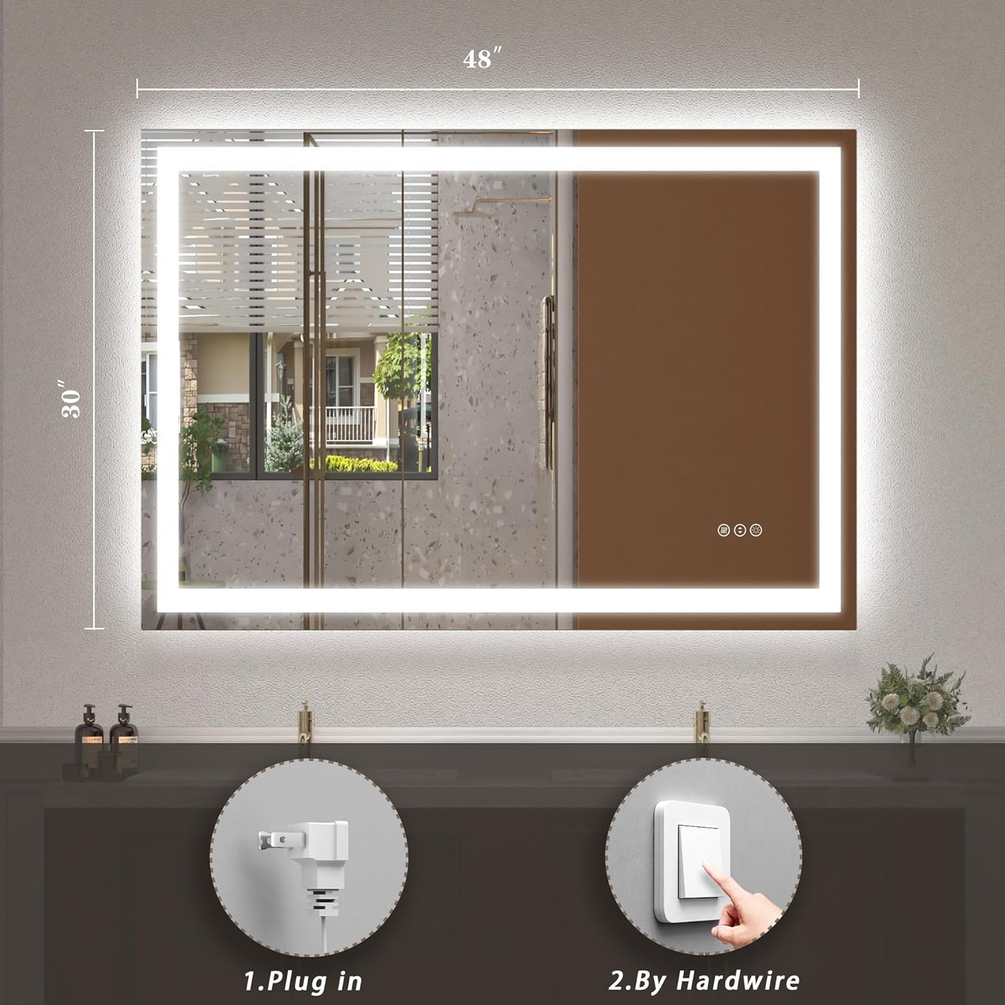 48x 30 LED Lighted Bathroom Mirror, Vanity Mirror with Lights for Wall, Dimmable, Defogger, Shatter-Proof, 3 Colors, ETL Listed (Front + Backlit)