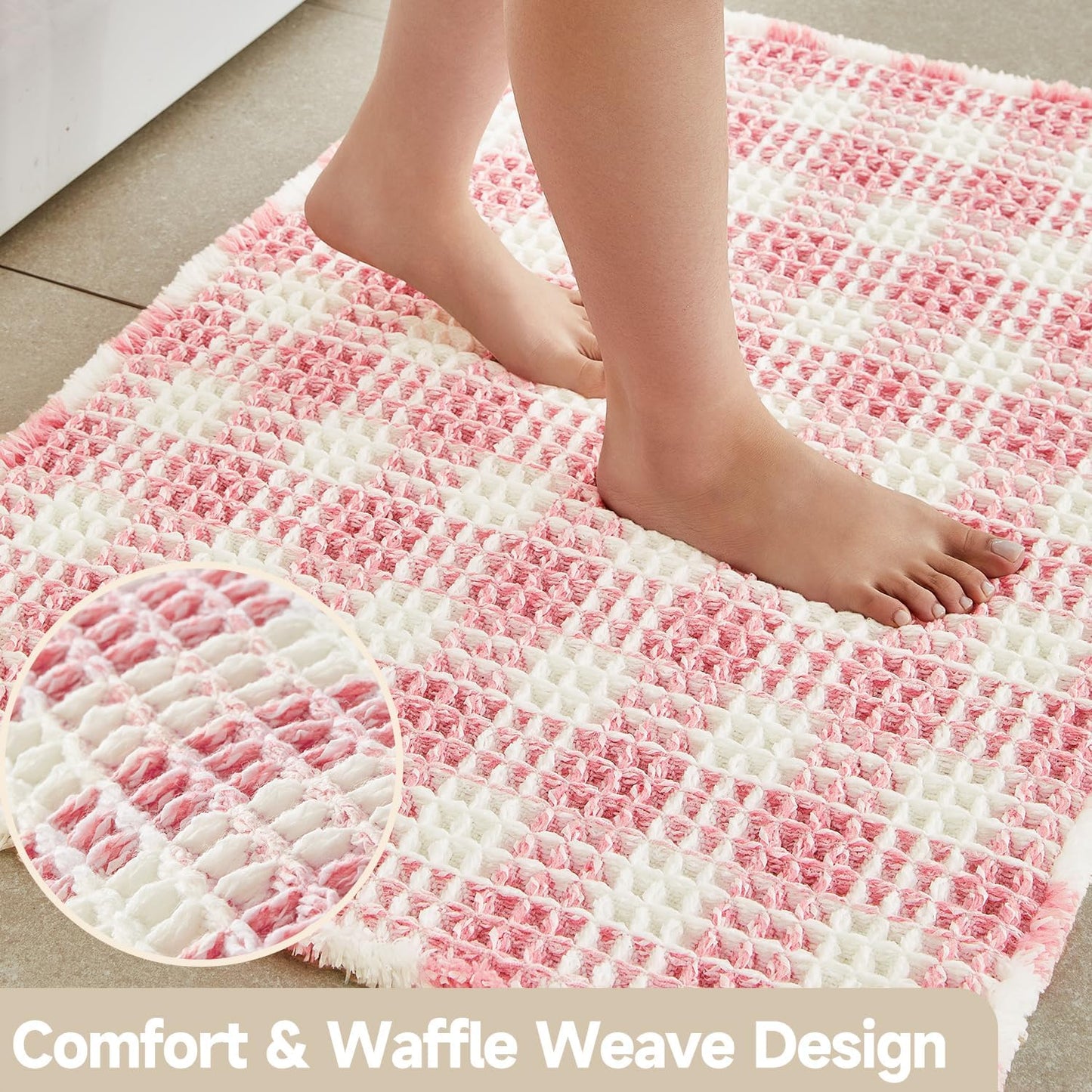 Waffle Bath Mat, Boho Bathroom Rugs Non Slip Washable Absorbent Checkered Bathroom Mat Quick Dry Cute Bath Mat, 24"x16" Pink and White