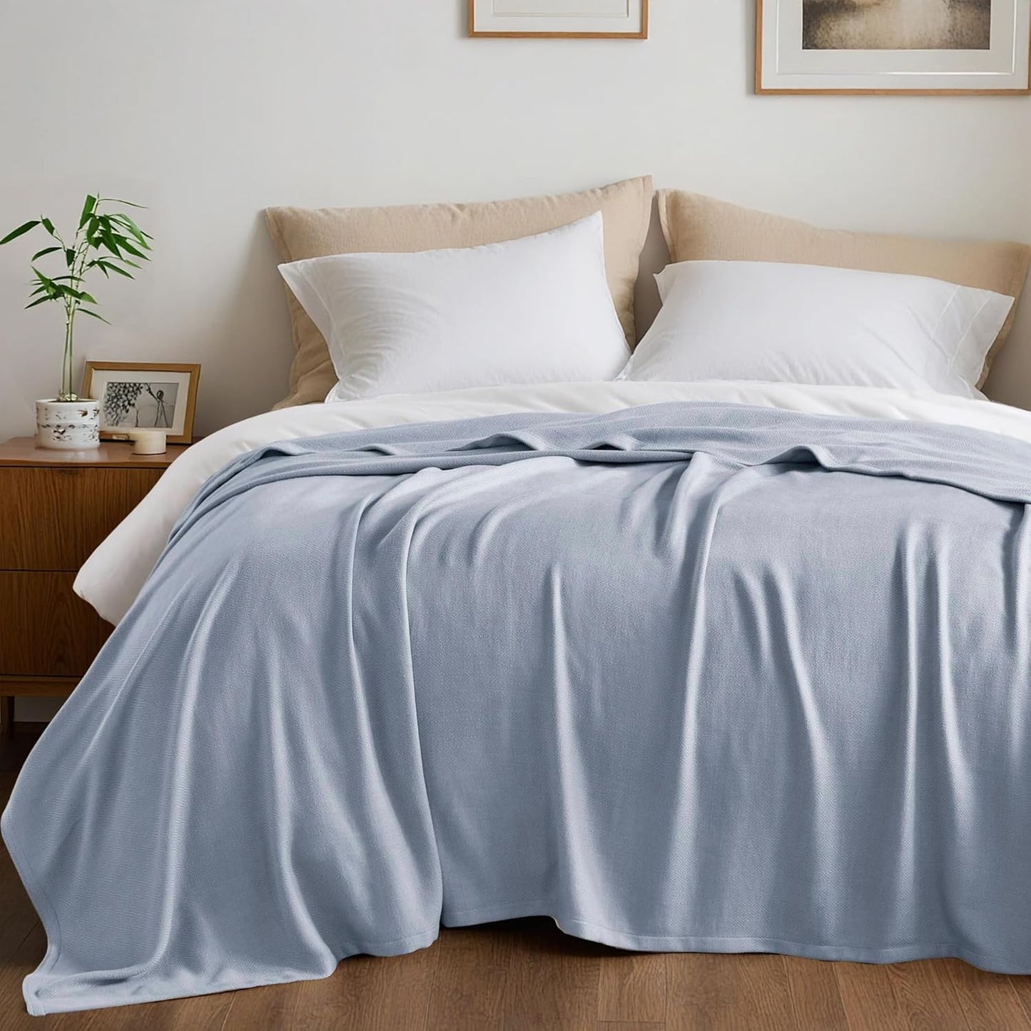 King Size Blanket, 70% Rayon (Derived from Bamboo) and 30% Cotton, Lightweight Jacquard Weave, Breathable and Soft Summer Blanket for Bed or Couch, 108” x 90”, Light Blue