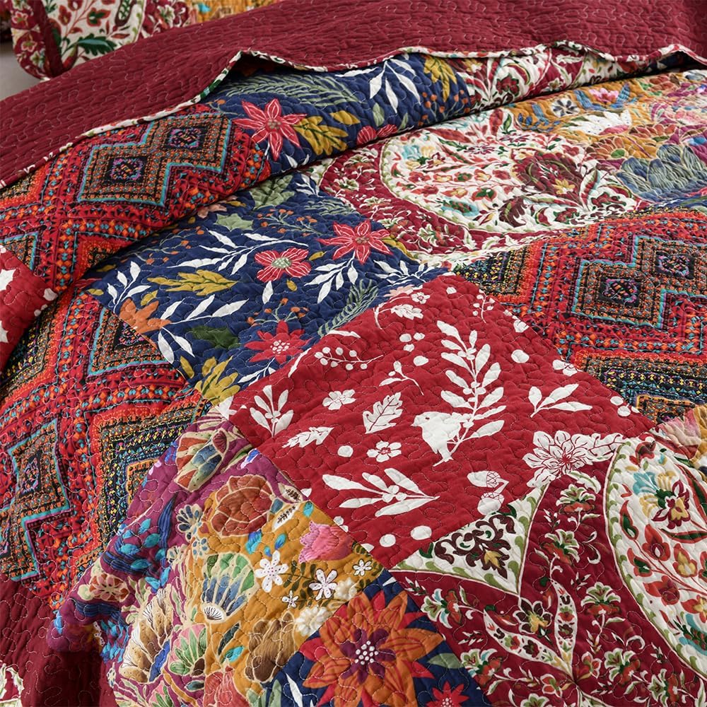 Cotton Bedspread Quilt Bedding Sets 3 Pieces Reversible Coverlet Sets Comforters Gorgeous Paisley Floral Patchwork Red Bedspread, King Size