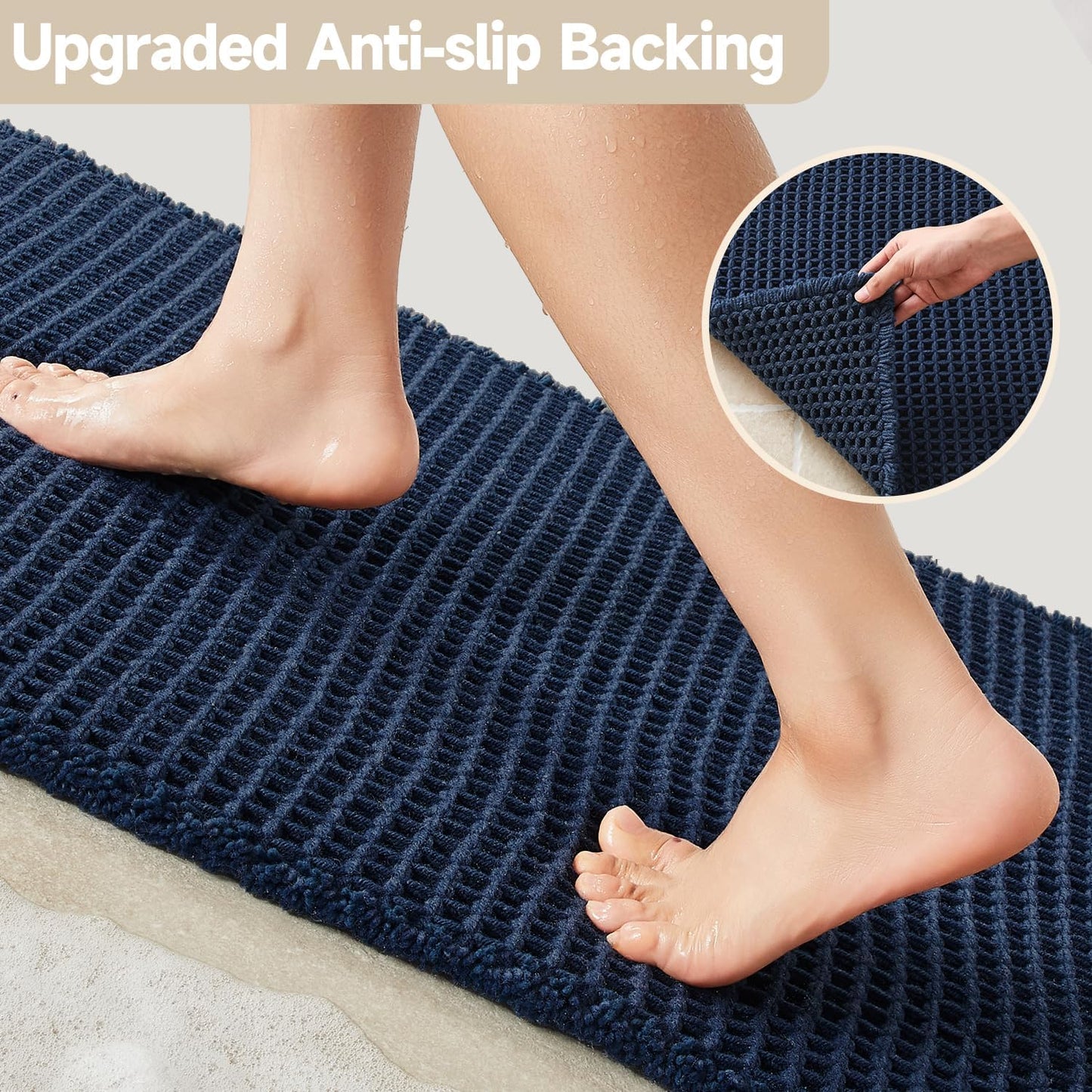 Waffle Bath Mat, Boho Bathroom Rugs Non Slip Washable Super Absorbent Quick Dry Bath Mat Farmhouse Bathroom Decor, 36"x24" Navy Blue