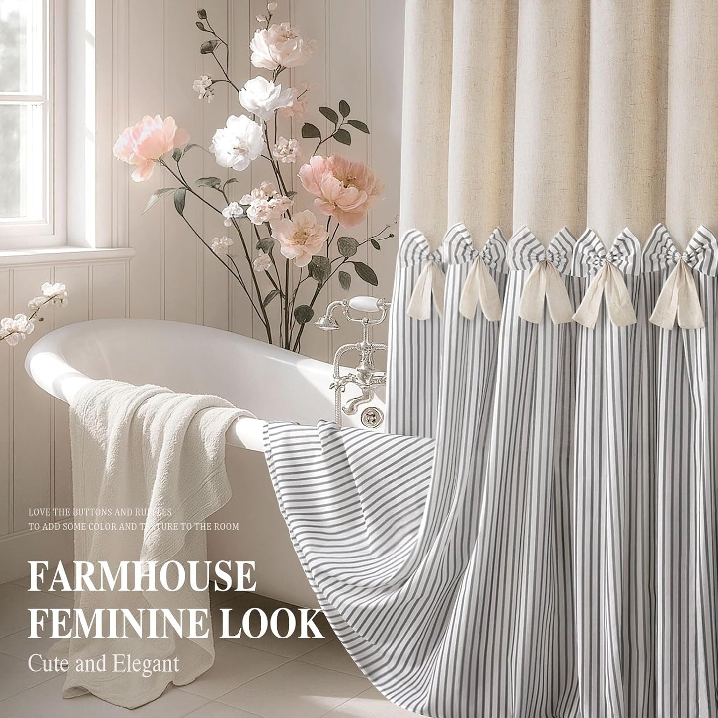 Farmhouse Shower Curtain Linen Bow Woven Fabric Country Rustic Western, Pleated Green Stripe 72" W x 72" L