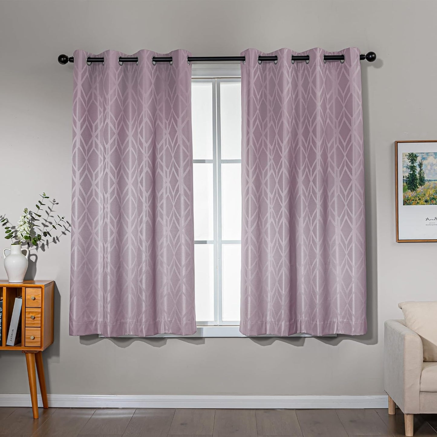 Amazon Basics Jacquard 2-Piece 100% Blackout Curtains, Living Room and Bedroom Drapes, Thermal Insulated Window Treatment, 52"x63", Pink