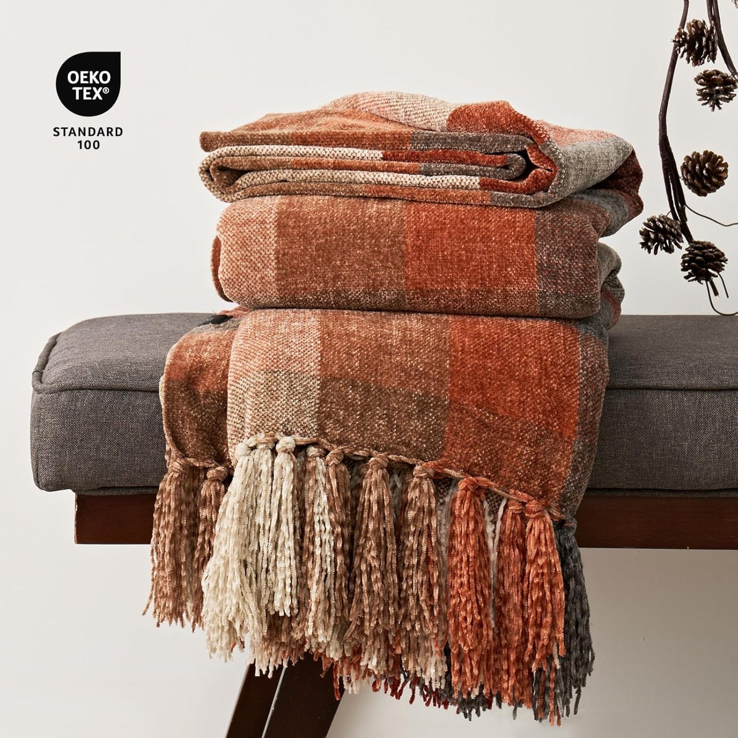 EVERGRACE Plaid Chenille Throw Blanket for Couch, Super Soft Cozy Decorative Fall Throw Blanket with Tassels for Bed Sofa Gift, Lightweight Harvest Plaid Throw Blanket for Autumn 60"x80"