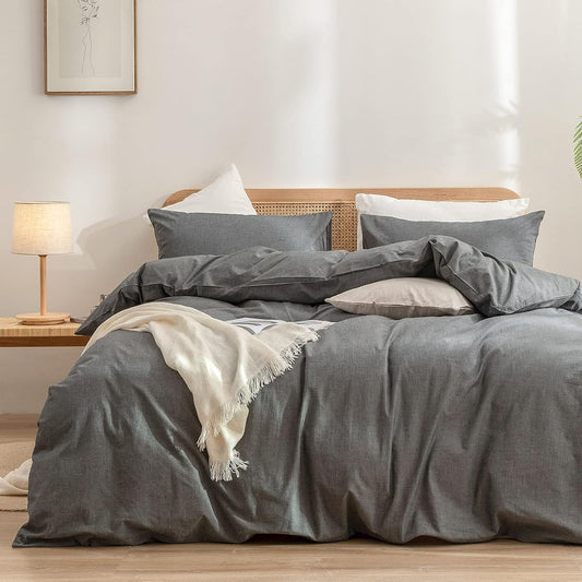 BESTOUCH Duvet Cover Set 100% Washed Cotton Linen Feel Super Soft Comfortable Chic Lightweight 3 PCs Home Bedding Set Solid Dark Grey King