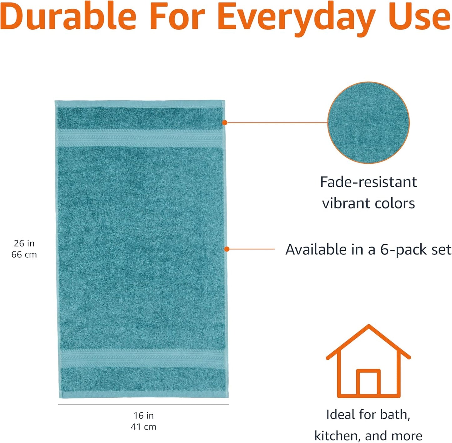 Amazon Basics Fade-Resistant 100% Cotton Hand Towel, 6 Pack, 16"x26", Teal Green