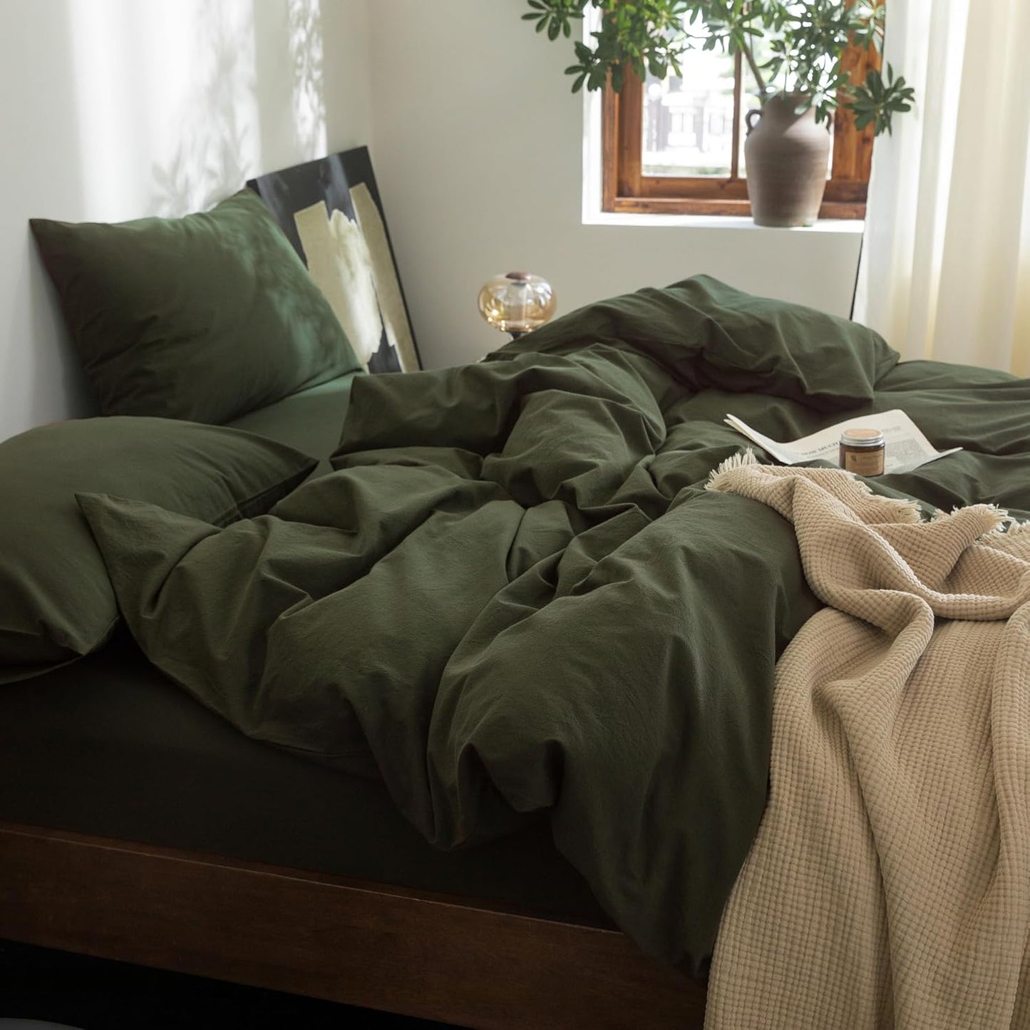 FOSSA Duvet Cover Set 100% Washed Cotton Linen Feel Super Soft Breathable Cozy 3 Pieces Bedding Sets Solid Olive Green Oversized Queen