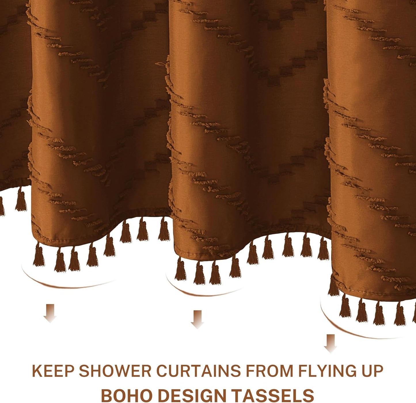 Boho Extra Long Pumpkin Orange Shower Curtain with Tassel, Woven Fabric, Tufted Chevron Striped, 72 x 78, Modern Chic Textured Minimalist Bathroom Shower Curtain