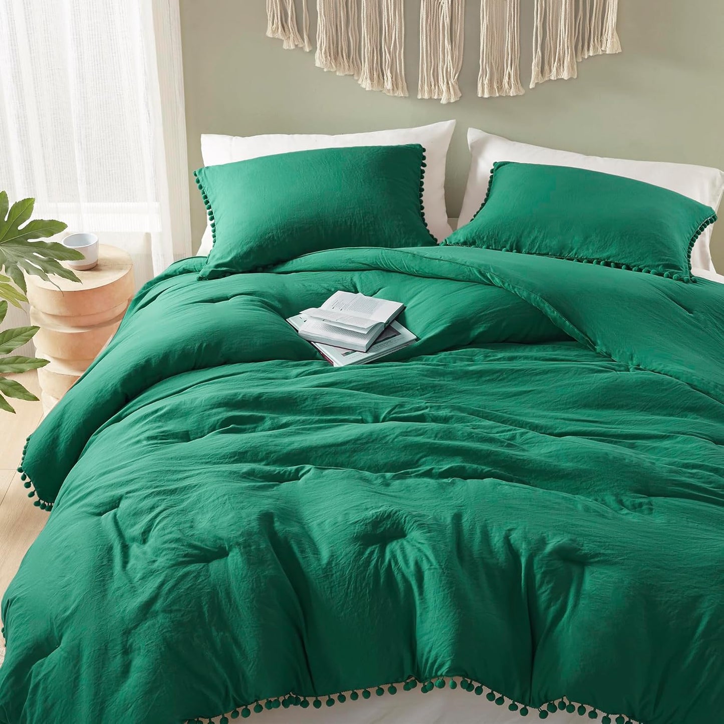 Codi Emerald Green Boho Twin Comforter Set, Aesthetic Luxurious Pom Fringe Design Bedding,Cute Soft Washed Microfiber Bed Sets, Lightweight Chic,1 Comforter & 1 Pillowcase