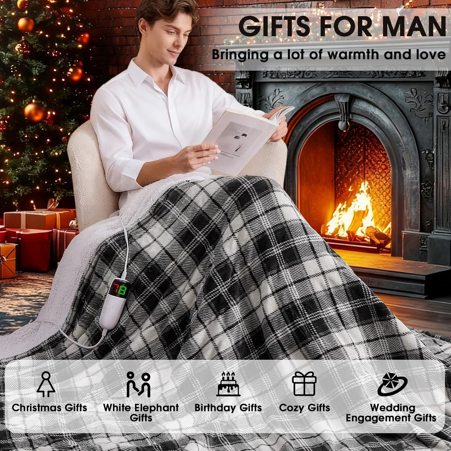 Black Heated Blanket Electric Throw, 50X60 Heating Throw with 10 Heats Levels & 8 Hours Auto Off, Plaid Soft Sherpa Blankets Warmer Gifts for Men Dad Boys Home Decor for Living Room Bedroom Office